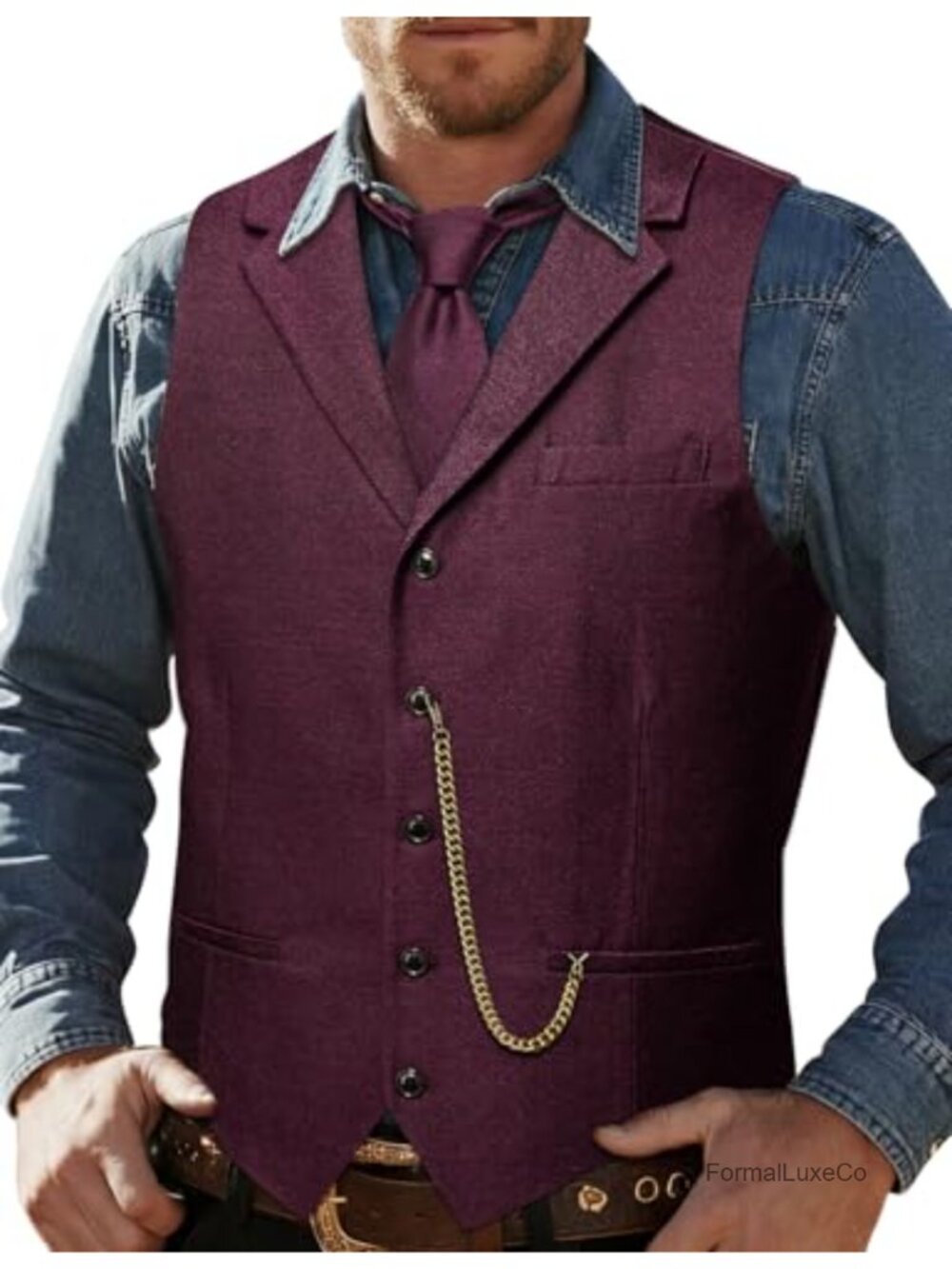 Men's Tweed Vest Tie 3PC Set Western Cowboy Waistcoat Wedding